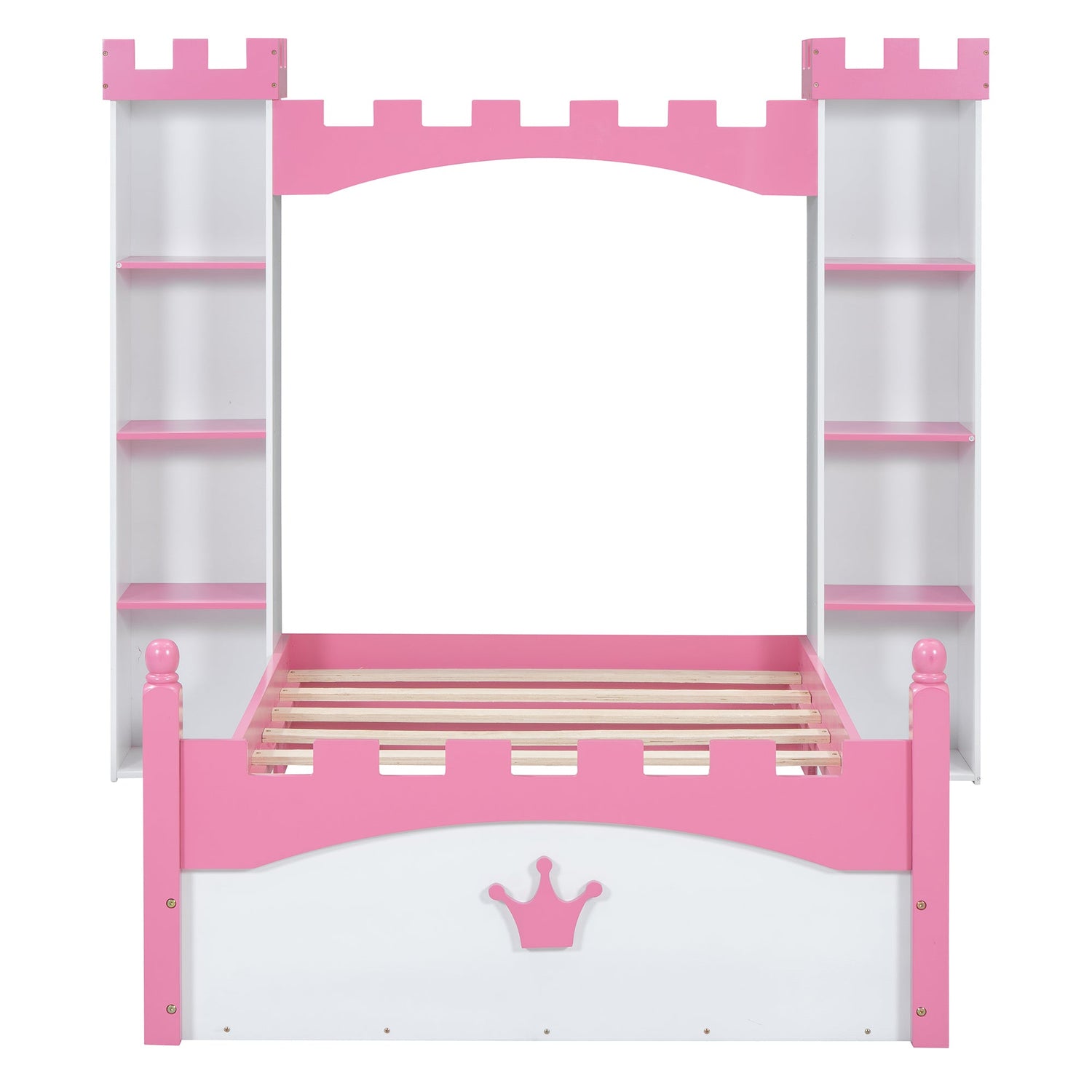 Castle-Shaped Wooden Bed with Storage Shelf, Dreamy Twin Size Platform Bed for Kids Bedroom, White + Pink