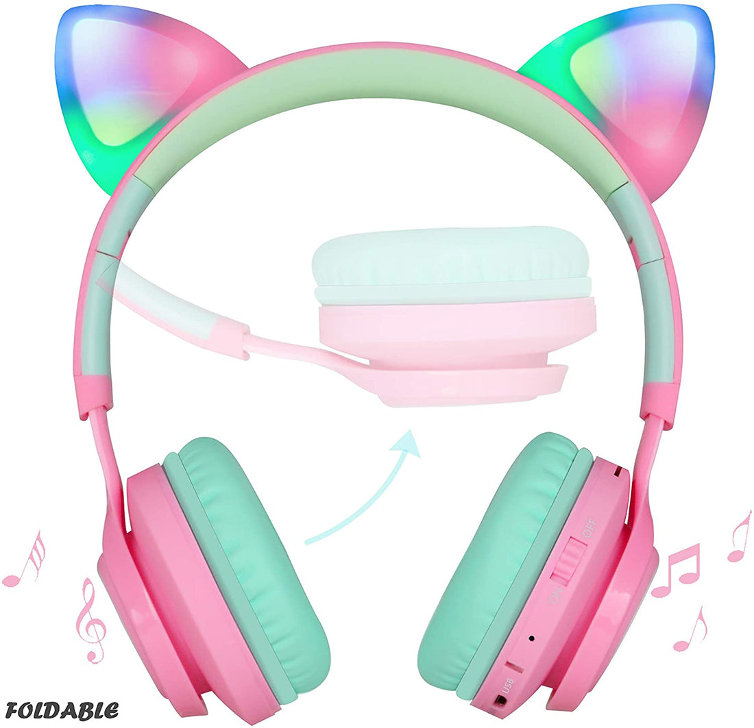 CT-7 Cat Ear Kids Bluetooth Headphones, LED Light up Bluetooth Wireless over Ear Headphones with Microphone and Volume Control for Travel/School/Smartphones/Laptop/Pc/Tv (Pink&amp;Green)
