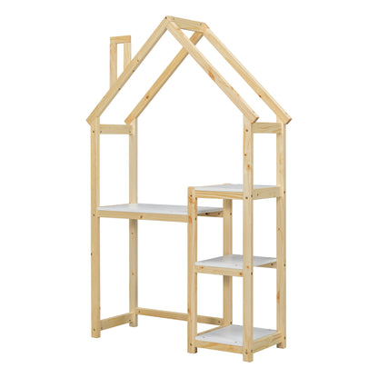 House-shaped Wooden writing Desk Kids study Table Bookshelf &amp; Toy Storage Natural
