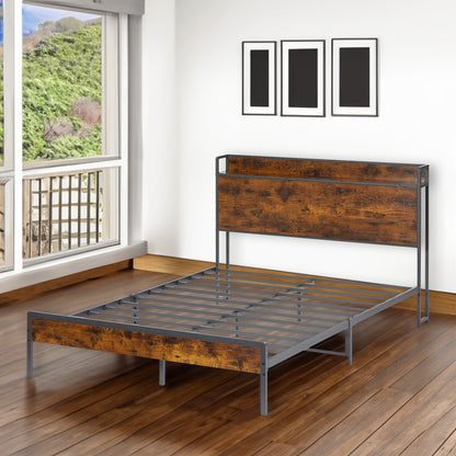 Bed frame with charging station full size, Rustic Brown, 83.1&
