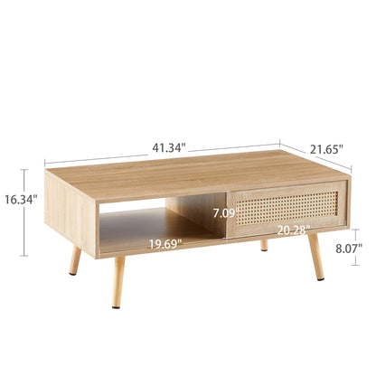 41.34" Rattan Coffee table sliding door for storage solid wood legs Modern table for living room  natural
