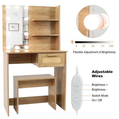 Vanity Desk Set Stool &amp; Dressing Table with LED Lighting Mirror Drawer and Wood Cosmetic Table Chest of Drawers Nature Color