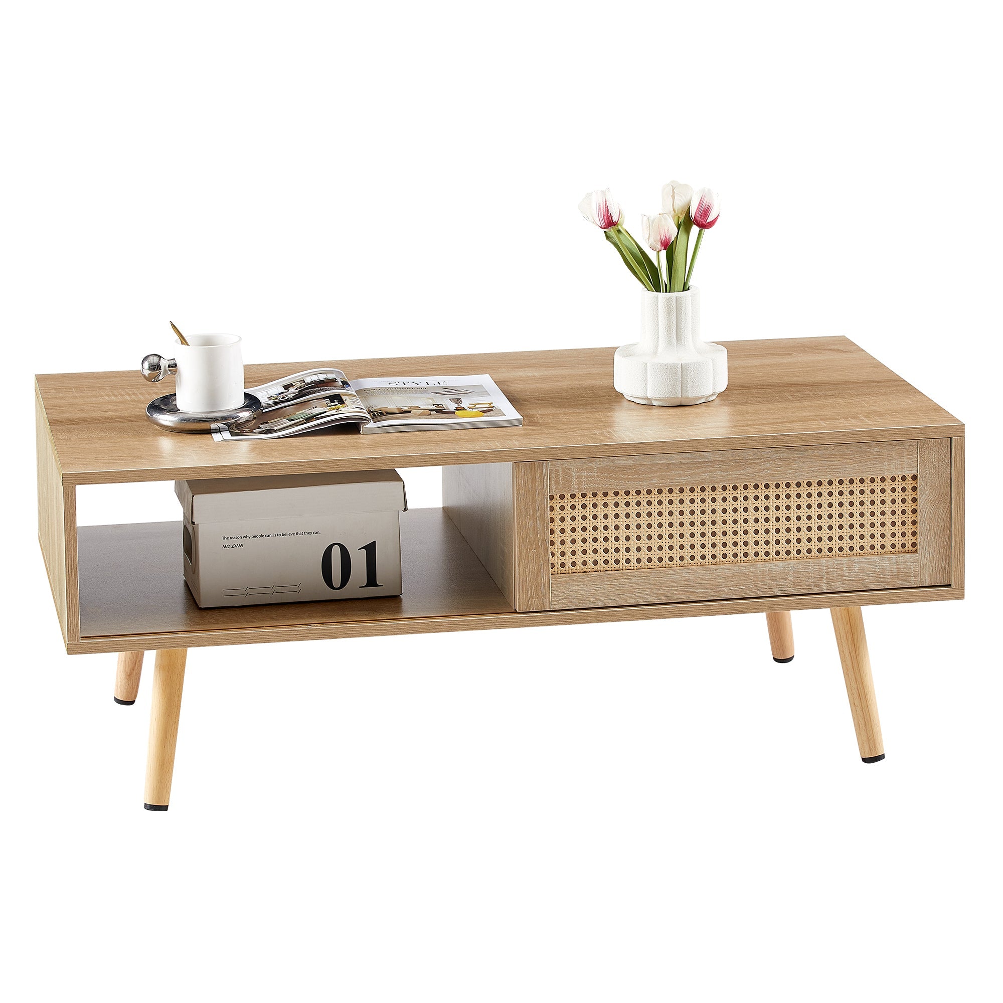 41.34" Rattan Coffee table sliding door for storage solid wood legs Modern table for living room  natural