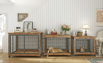 Furniture Style Dog Crate Side Table on Wheels with Double Doors and Lift Top. Rustic Brown, 43.7&