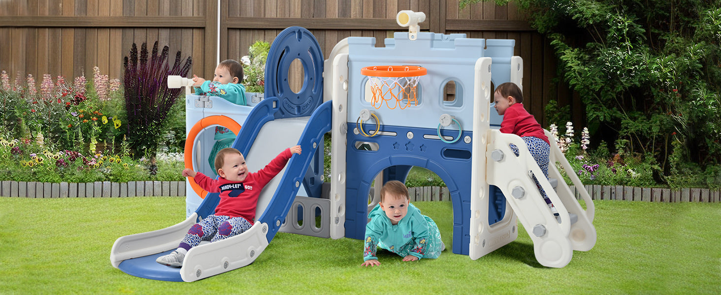 10-1 Toddler Slide Set,Kids Slide for Toddlers Ages 1+, Basketball Hoop Pirate Ship Themed Slide with Ship Head Indoor&amp; Outdoor