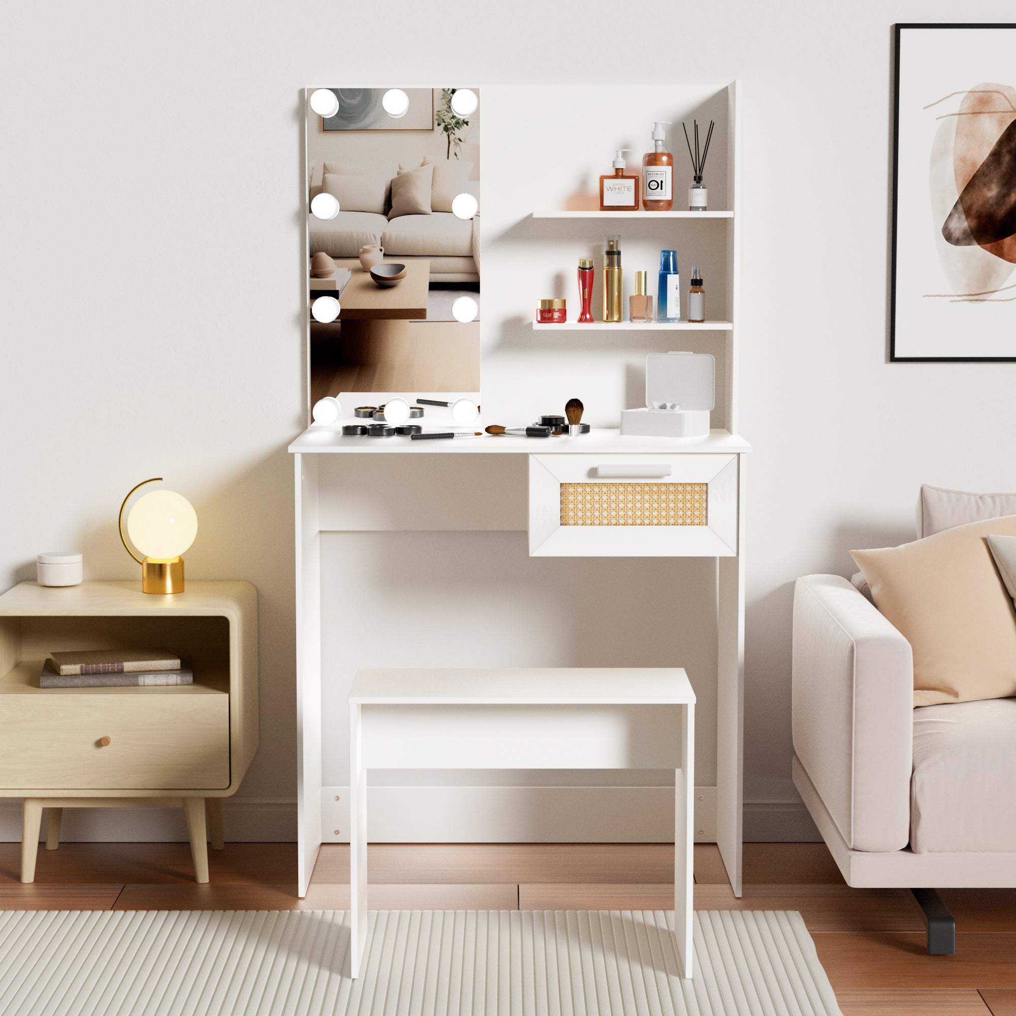Vanity Desk Set Stool &amp; Dressing Table with LED Lighting Mirror Drawer and Wood Cosmetic Table Chest of Drawers White Color