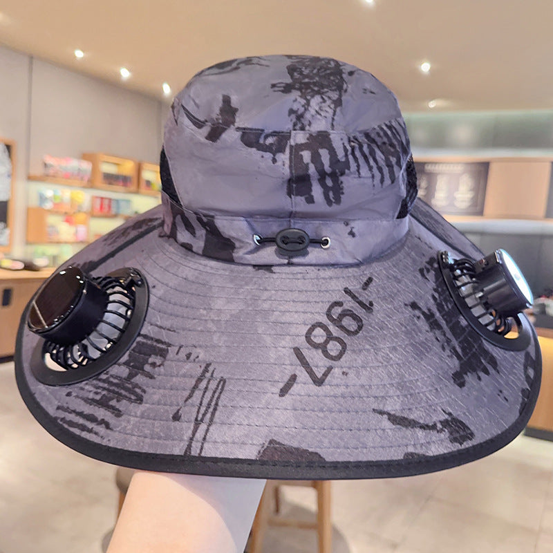 Solar powered fan large brim hat men&