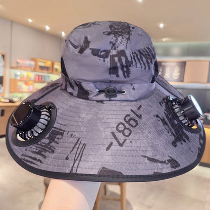 Solar powered fan large brim hat men&
