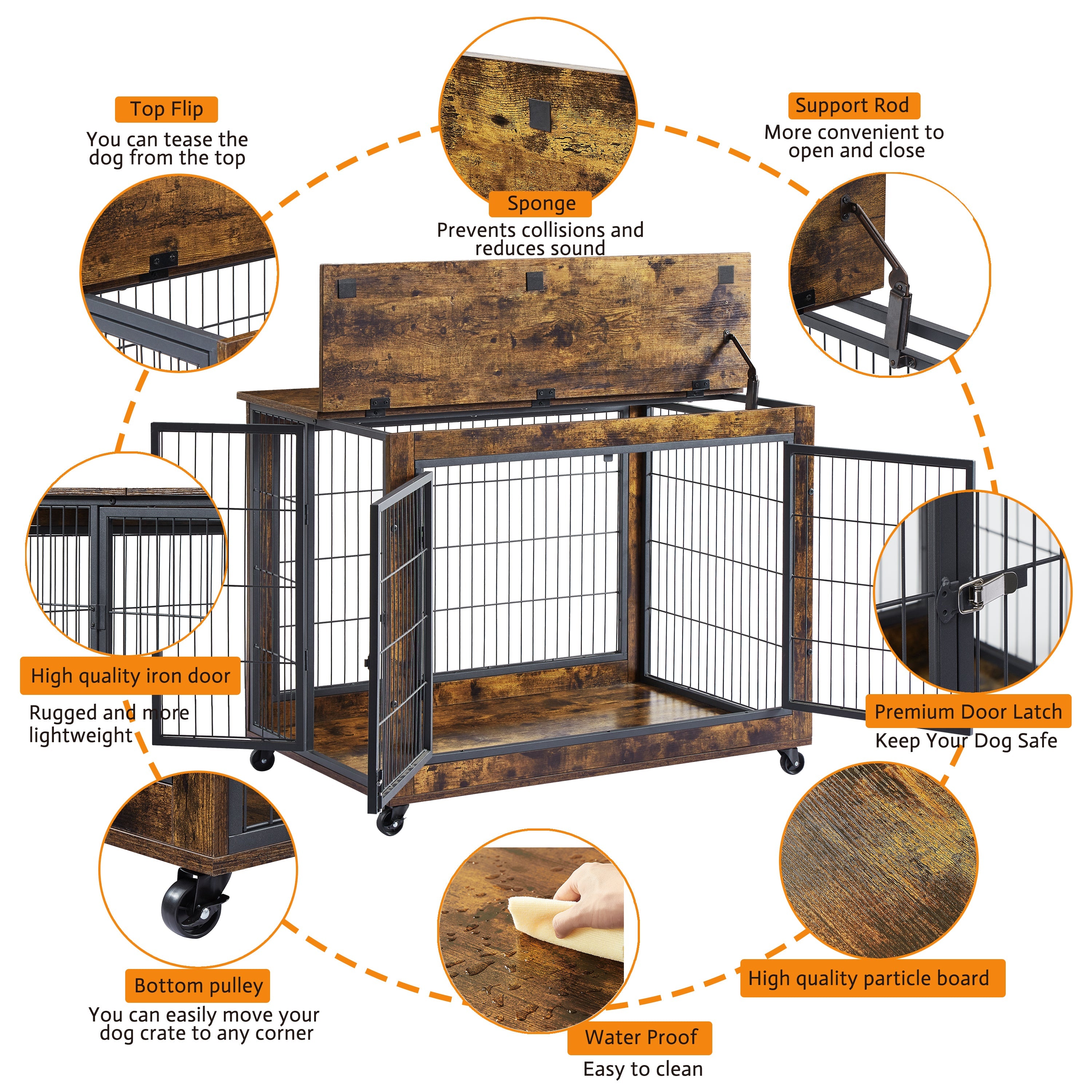 Furniture Dog Cage Crate with Double Doors, Rustic Brown, 38.58&