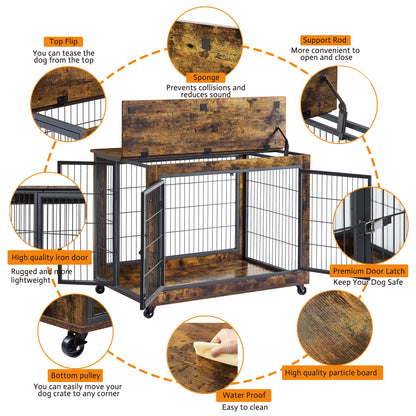 Furniture Dog Cage Crate with Double Doors, Rustic Brown, 38.58&
