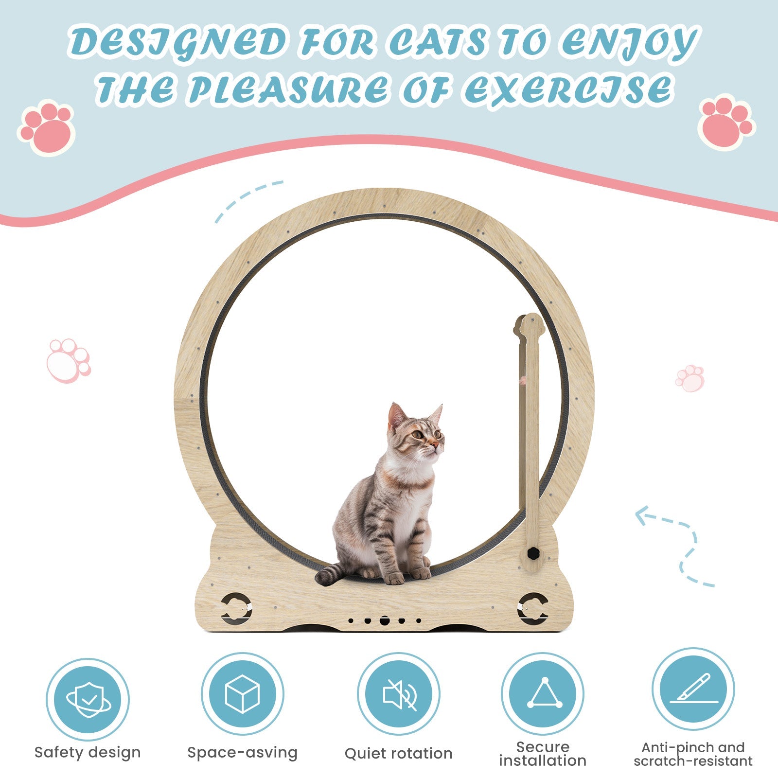 Indoor cat treadmill with carpet, tear device and latch natural wood, 39.4 inches long x 13.2 inches wide x 41.3 inches high