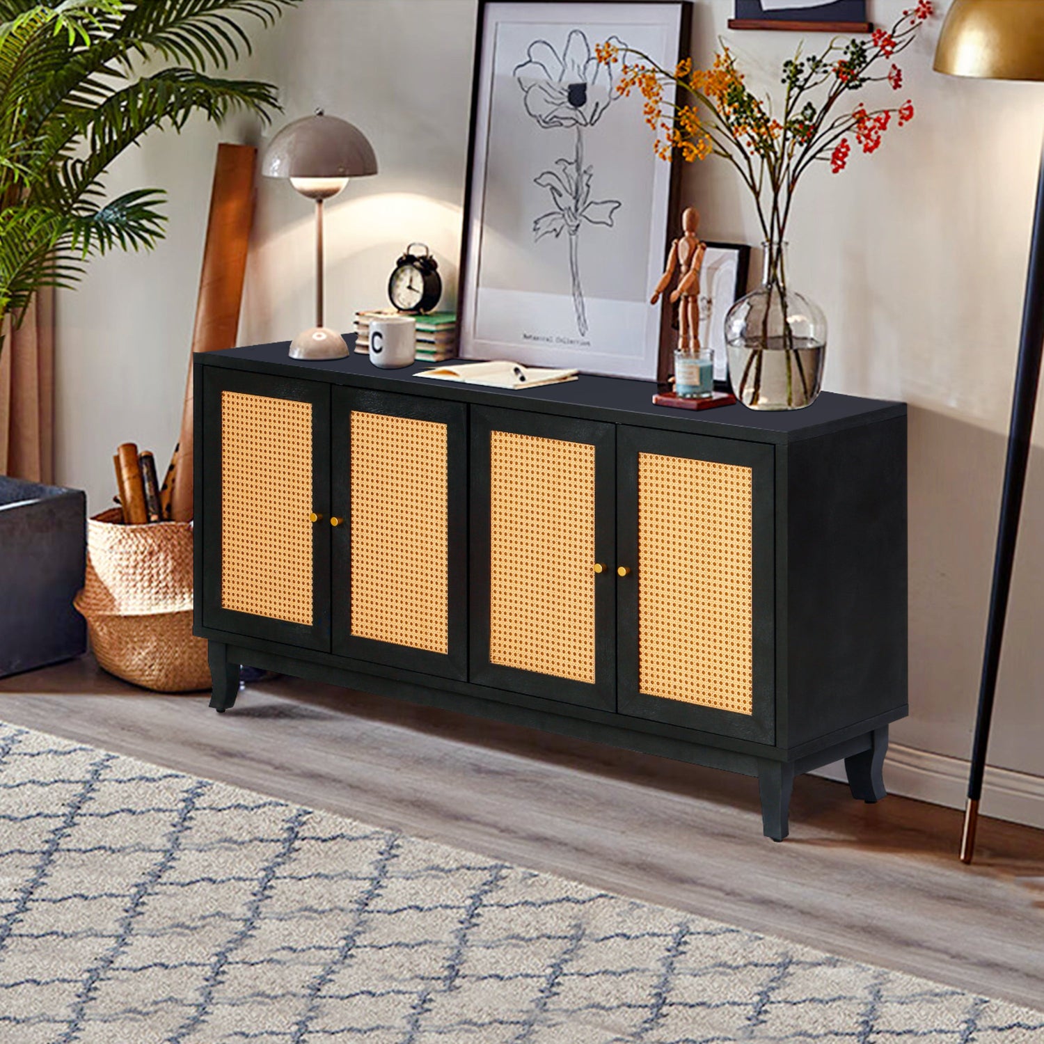 Handcrafted Premium Grain Panels Rattan Sideboard Buffer Cabinet Accent Storage Cabinet With 4 Rattan Doors BLACK