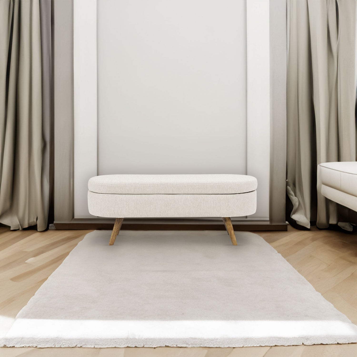 Ottoman Oval Storage Bench Rubber Wood Legs Beige(43.5"x16"x16")