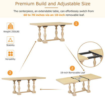 Traditional 6-Piece 78inch Trestle Extendable Dining Table Set with One 18inch Removable Leaf Padded Dining Chairs Bench,Natural
