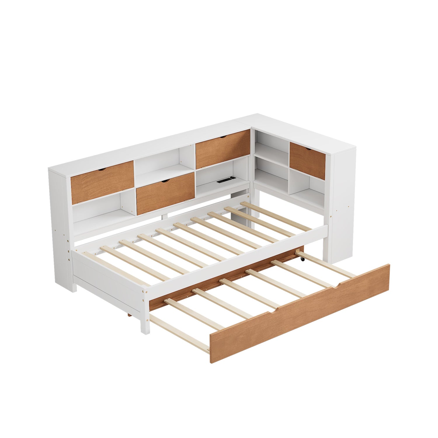 L-shaped bed frame with luggage and bookshelf, corner bed wooden captain&