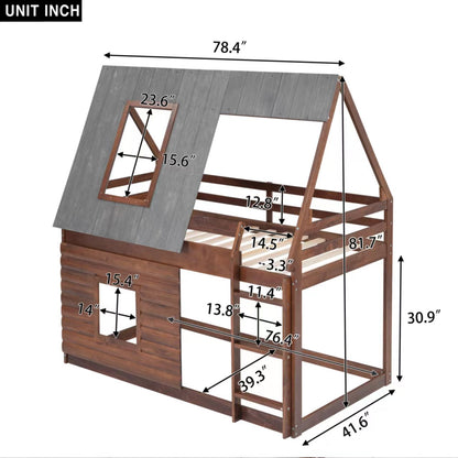 Wood Twin Size House Bunk Bed with Roof, Ladder and 2 Windows, Oak &amp; Smoky Grey
