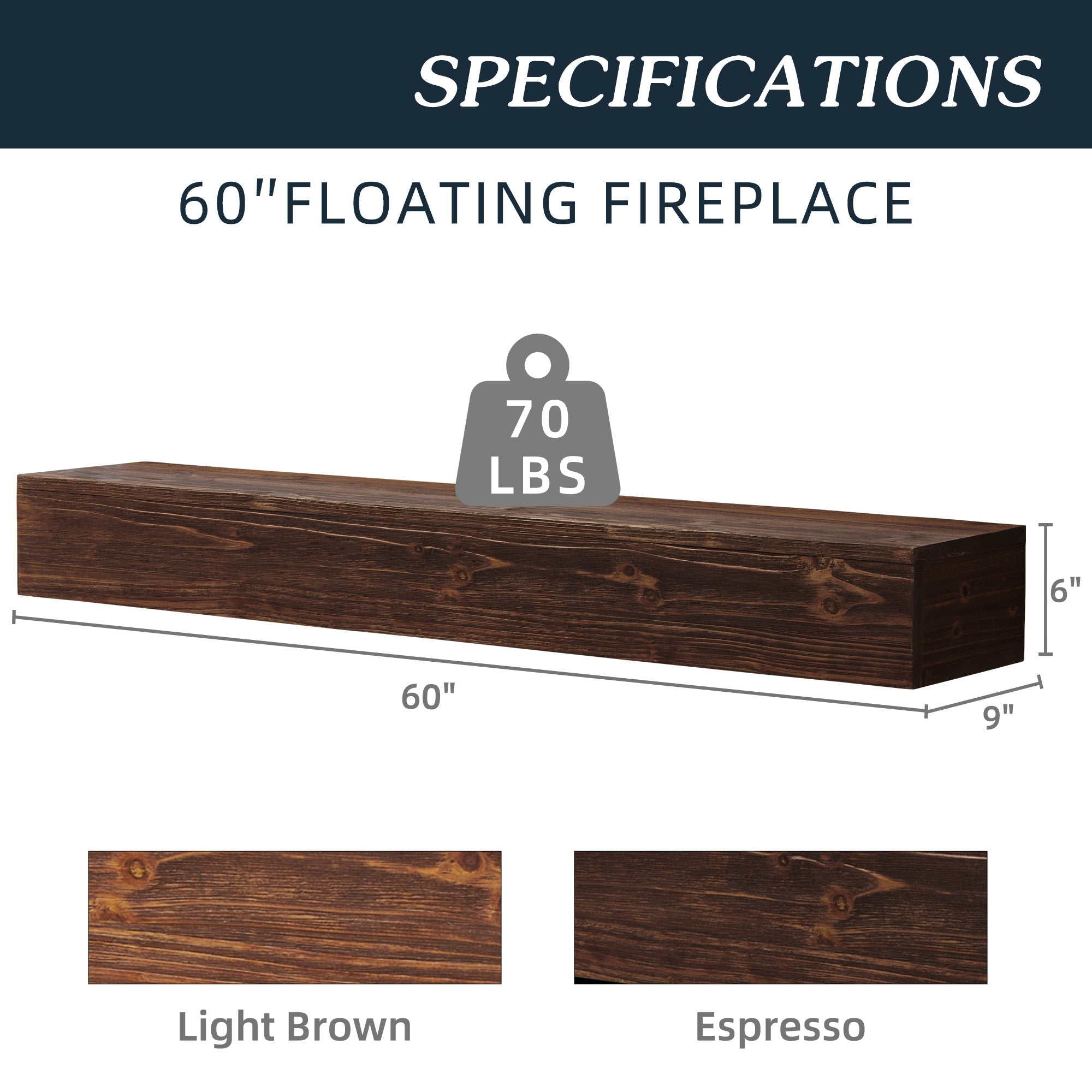 60" Rustic Wood Fireplace Mantel,Wall-Mounted &amp; Floating Shelf for Home Decor Espresso + Solid Wood