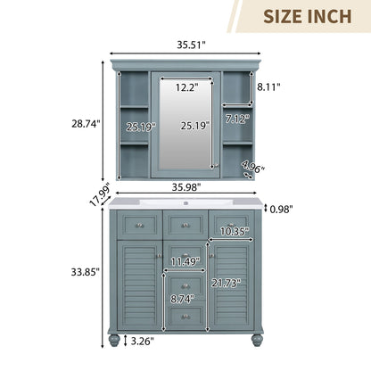 36 inch modern mirror cabinet with adjustable shelves, 2 soft closing doors, and 6 drawer storage cabinet door organizers