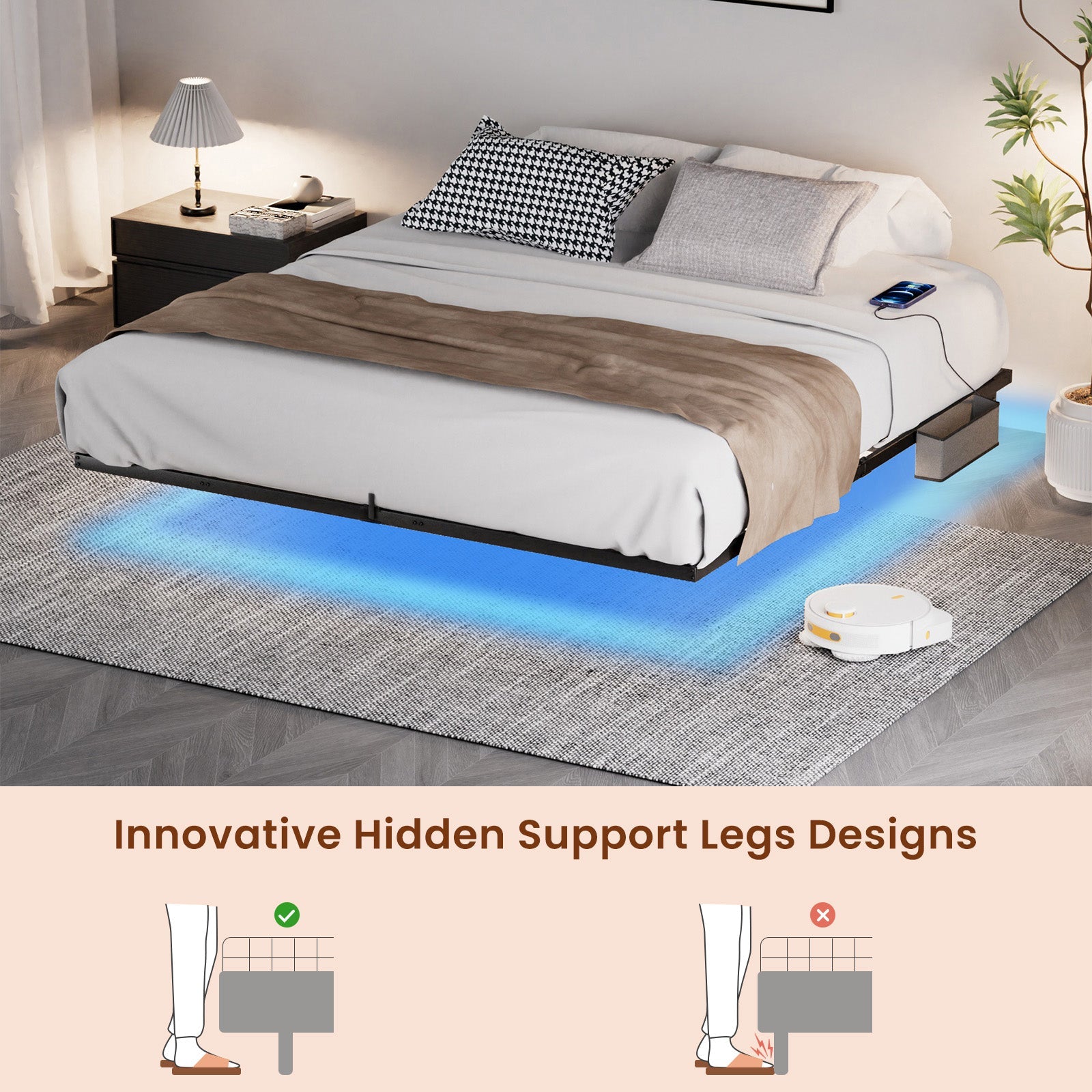 Floating Bed Frame King Size with LED Lights ＆ charging station, Metal Platform Queen Bed, 79.9&