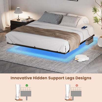 Floating Bed Frame King Size with LED Lights ＆ charging station, Metal Platform Queen Bed, 79.9&