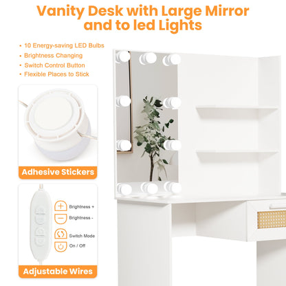 Vanity Desk Set Stool &amp; Dressing Table with LED Lighting Mirror Drawer and Wood Cosmetic Table Chest of Drawers White Color