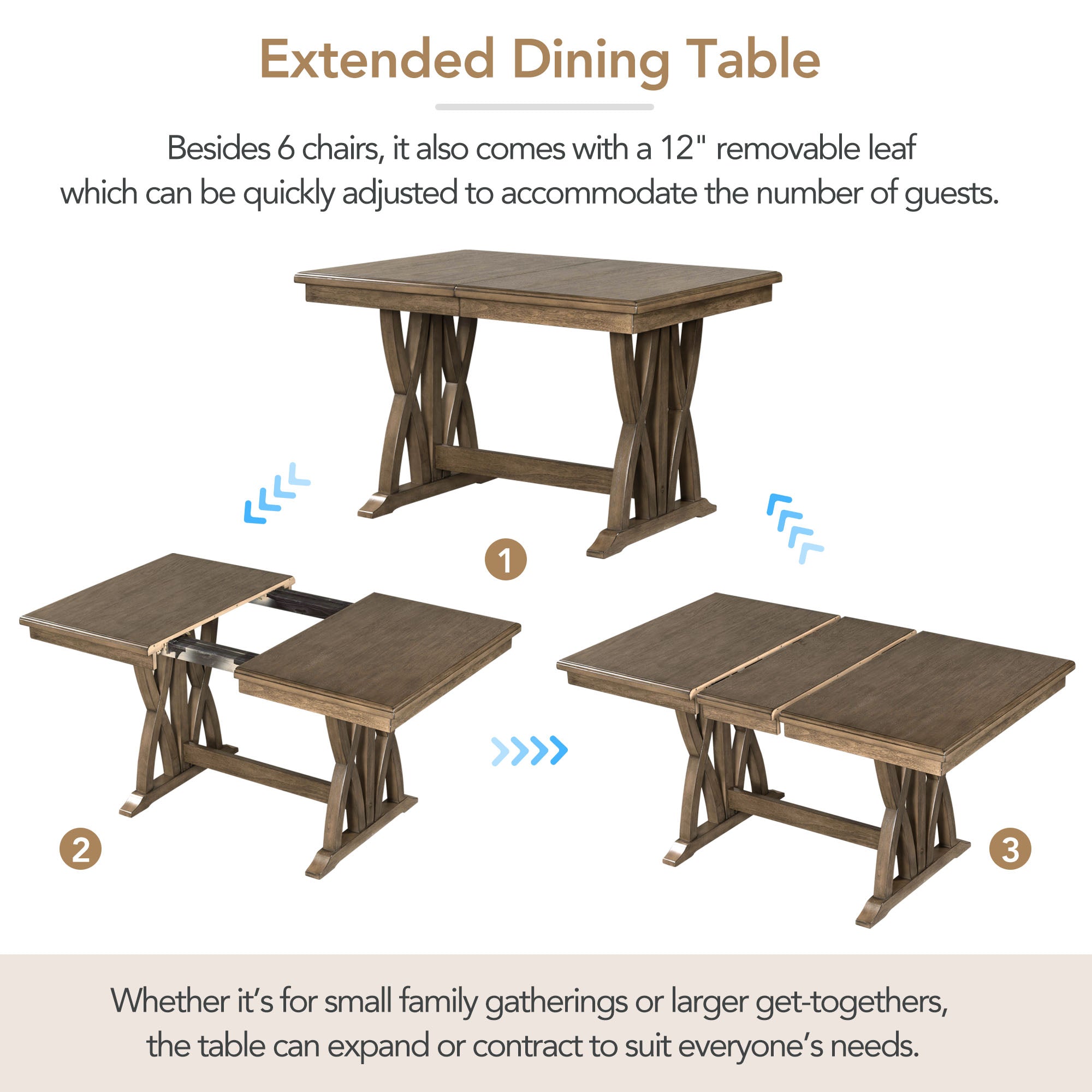 TOPMAX Mid Century Solid Wood 7-Piece Expandable Dining Table Set with Soft Cushioned Chair, Gold Brown+Gray Cushions