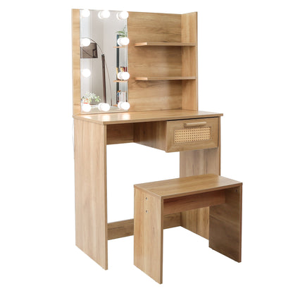 Vanity Desk Set Stool &amp; Dressing Table with LED Lighting Mirror Drawer and Wood Cosmetic Table Chest of Drawers Nature Color