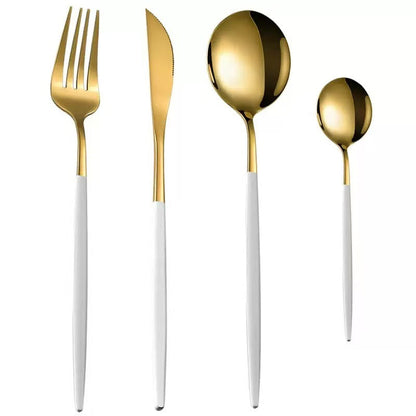 Stainless Steel Cutlery Set with Portuguese Gold Spray Painted Steak Knife, Fork, Spoon, and Tea Spoon 4-Piece Gift Pack