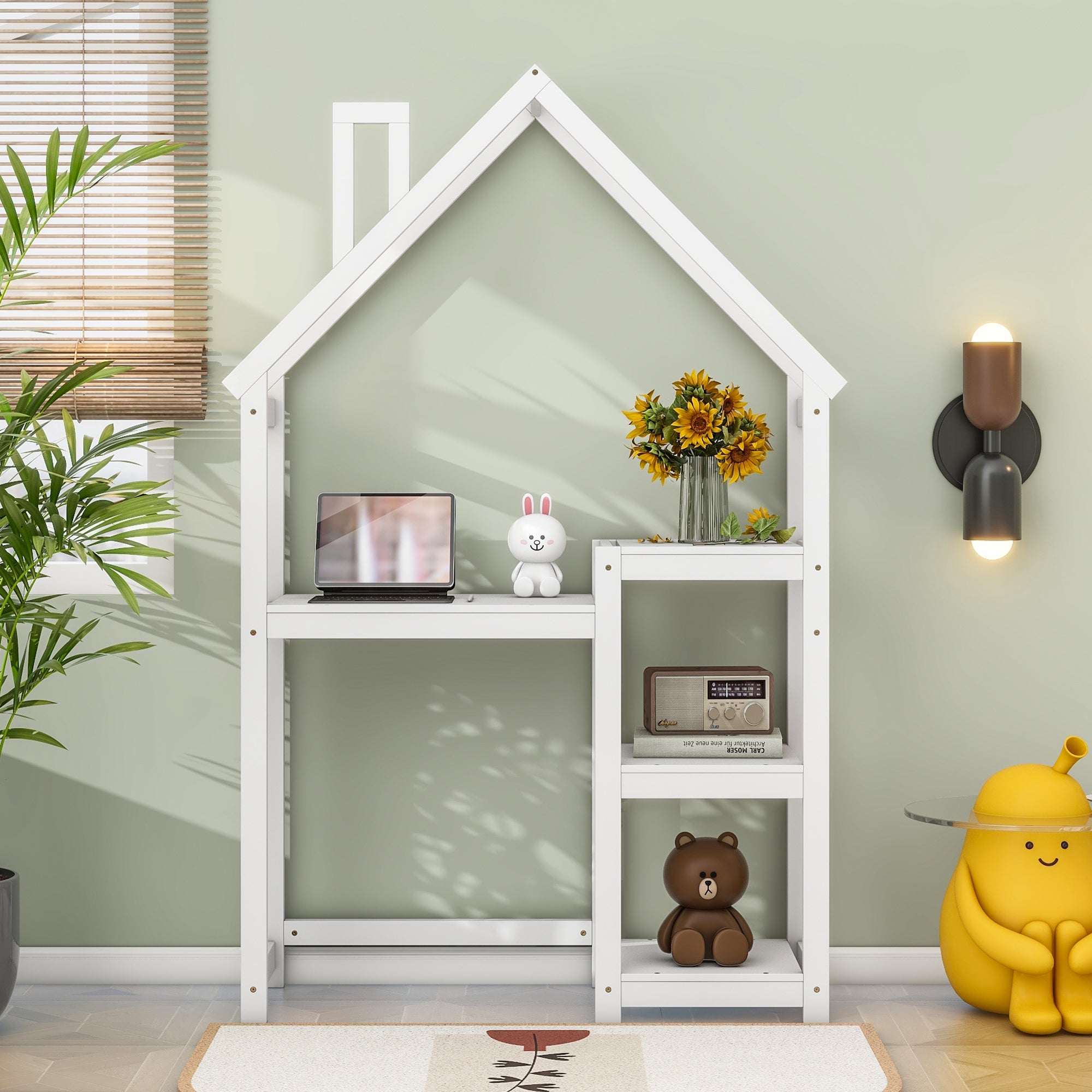 House-shaped Wooden writing Desk,Kids study Table,Bookshelf &amp; Toy Storage,White