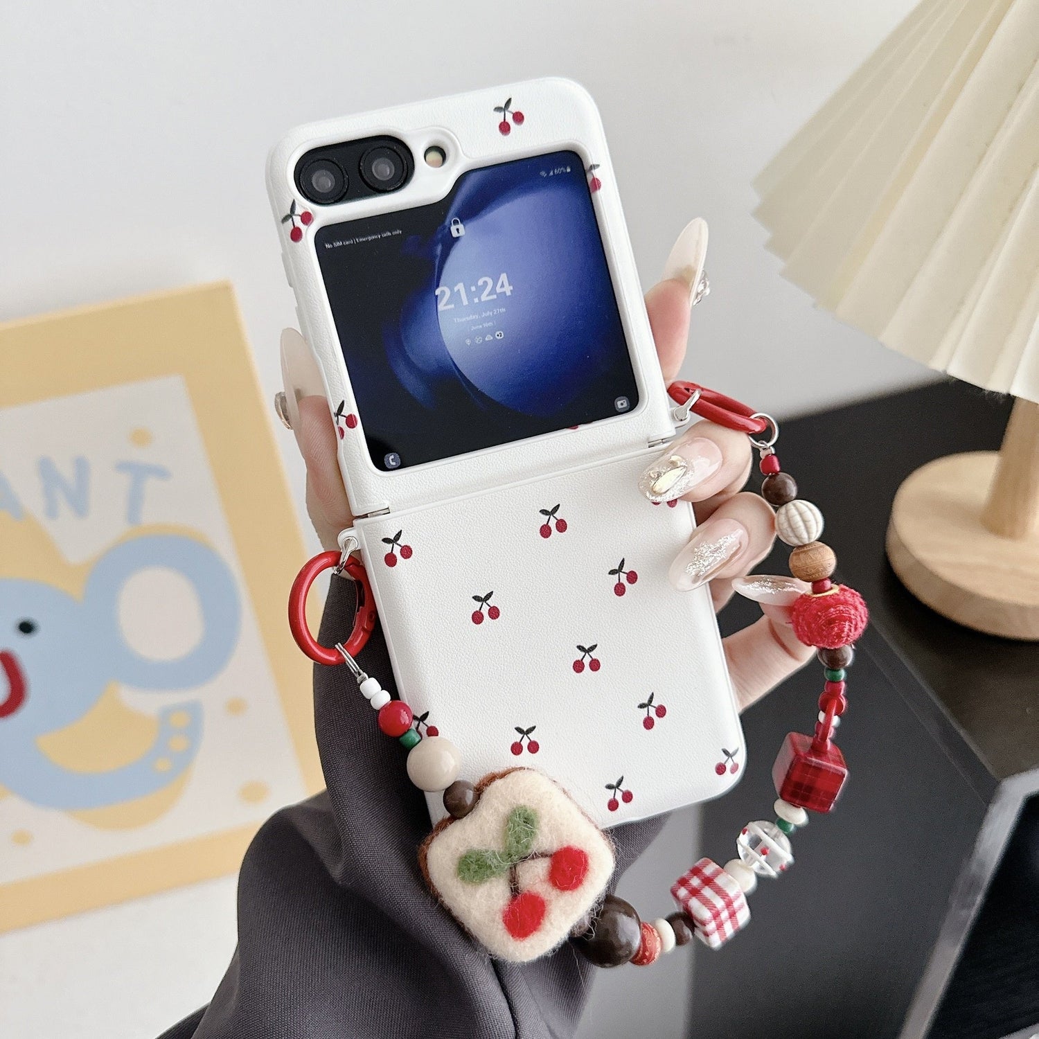 White Background Korean Style Cherry Phone Case for Samsung Z Flip 7/5/6/4 Foldable Protective Shell Compatible with Oppo and Huawei