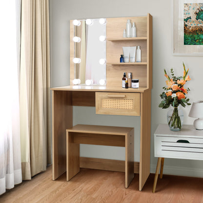 Vanity Desk Set Stool &amp; Dressing Table with LED Lighting Mirror Drawer and Wood Cosmetic Table Chest of Drawers Nature Color