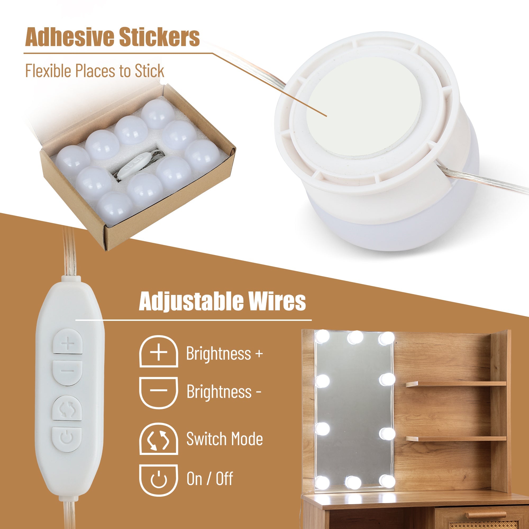 Vanity Desk Set Stool &amp; Dressing Table with LED Lighting Mirror Drawer and Wood Cosmetic Table Chest of Drawers Nature Color