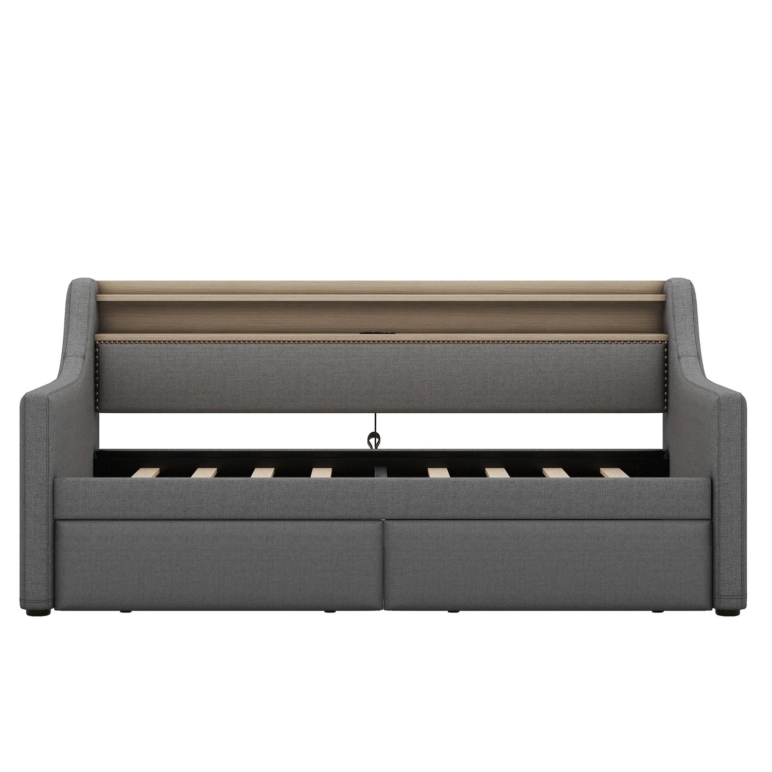 Twin Size Daybed with Storage Drawers, Upholstered Daybed with Charging Station and LED Lights, Gray