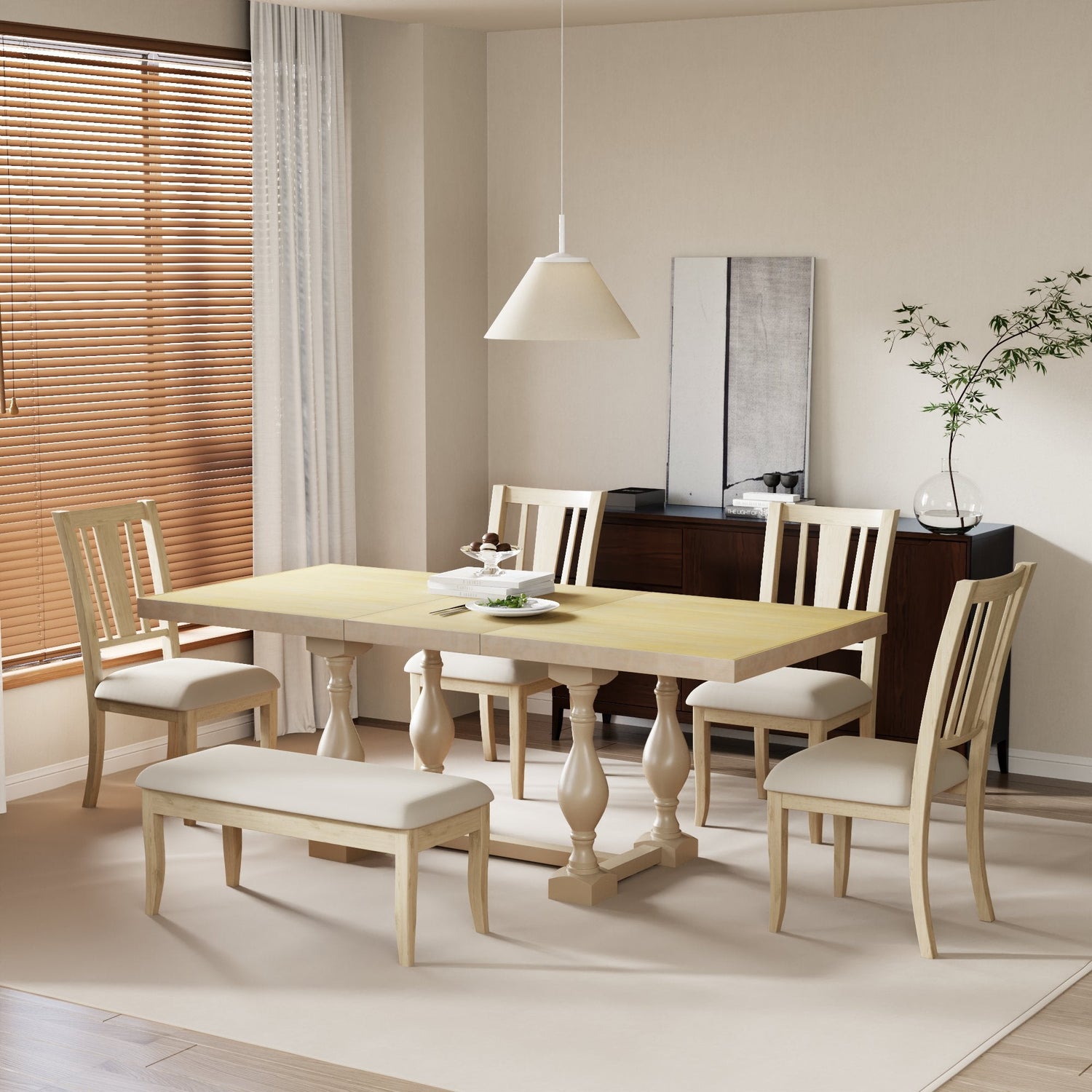 Traditional 6-Piece 78inch Trestle Extendable Dining Table Set with One 18inch Removable Leaf Padded Dining Chairs Bench,Natural