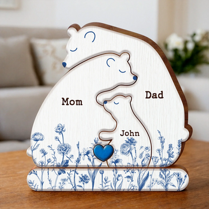 Personalized Hugging Bear Family Toile De Jouy Wooden Puzzle - Parents With Up to 3 Children - Gift Idea For Family