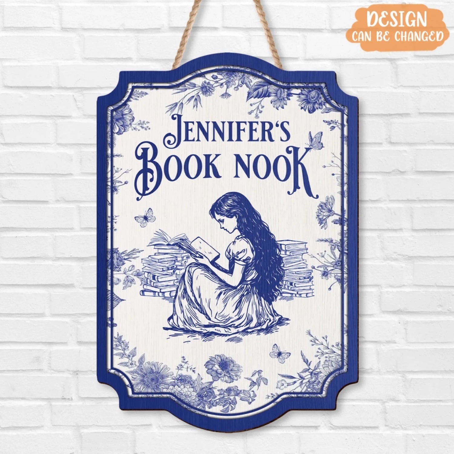 Custom Name Book Nook Wooden Sign - Bookism Gift - Chinoiserie Toile De Jouy