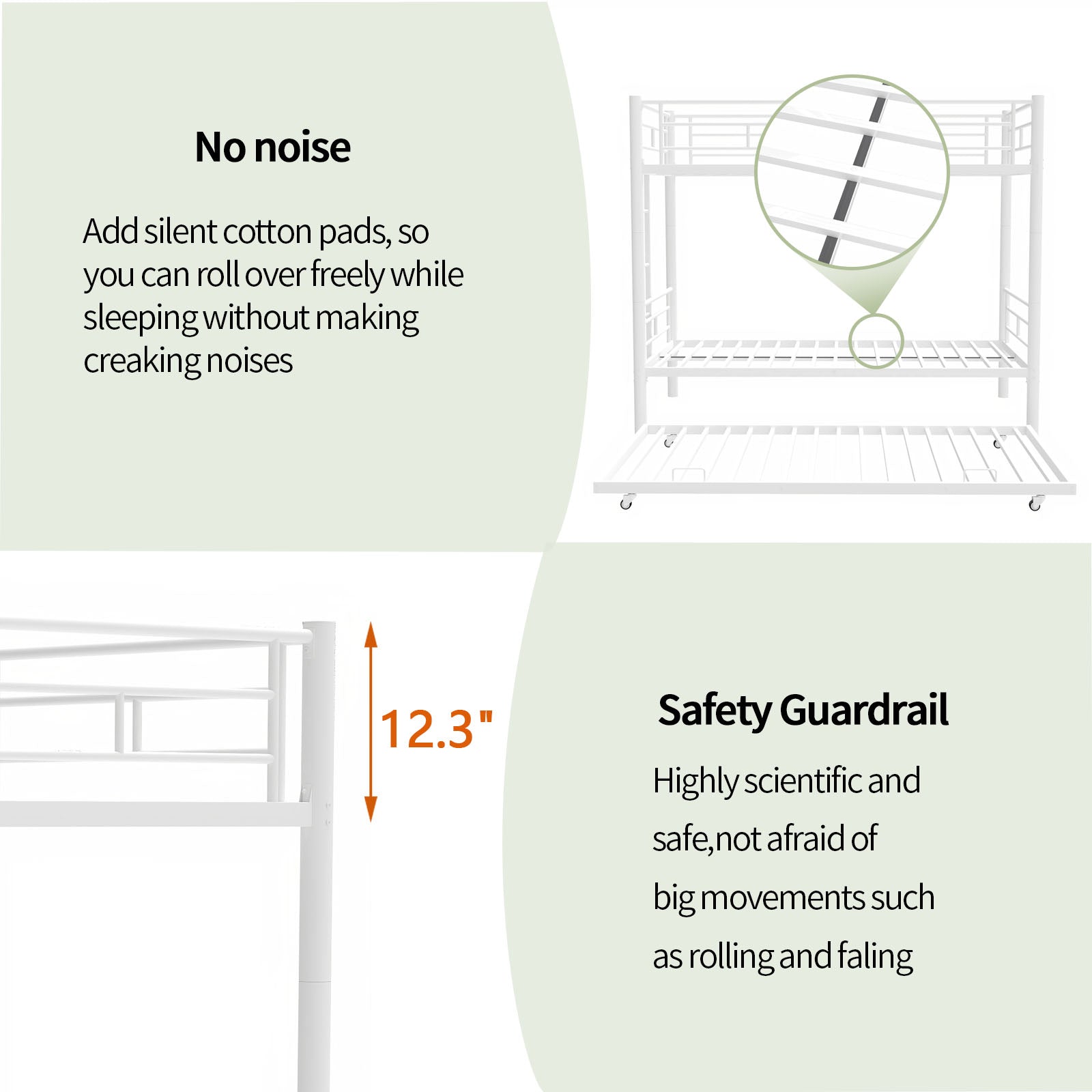 Heavy-duty Sturdy Meta Twin over Twin with Trundle Bunk Bed/l/ Noise Reduced/ Safety Guardrail/No Box Spring Needed,White