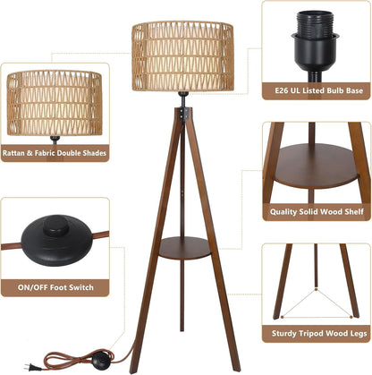 Boho Tripod Floor Lamp with Shelves, Mid Century Wood Standing Lamp with Rattan &amp; Fabric Shades, ON/Off Foot Switch Office