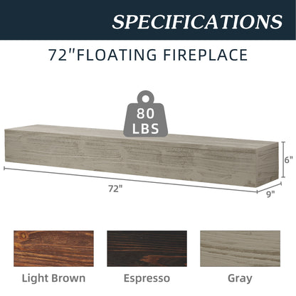 72" Rustic Wood Fireplace Mantel,Wall-Mounted &amp; Floating Shelf for Home Decor