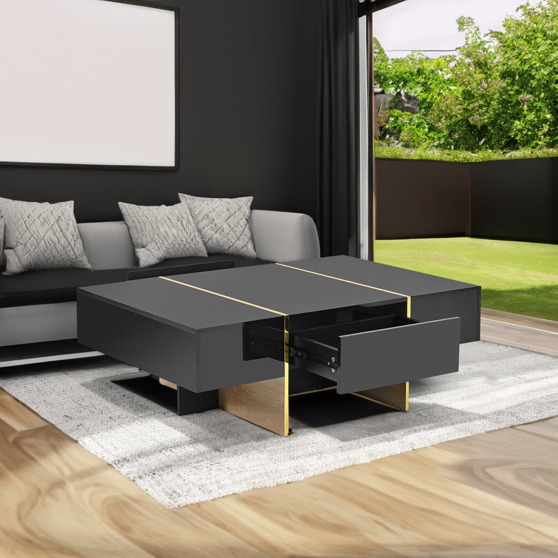 ON-TRANS 47.2 inch x 31.4 inch multifunctional rectangular sofa table with 2 drawers and gold wood grain leg center table, black