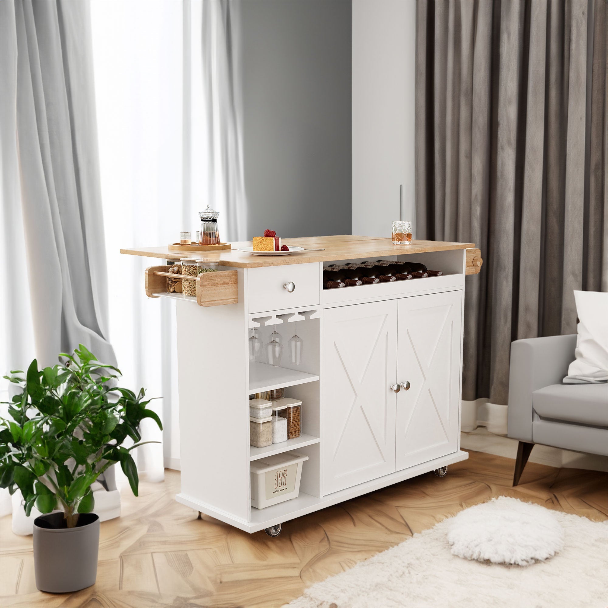 44 Inch Kitchen Island Cart with Solid Wood Top, Wine Storage, Spice Rack, Towel Rack, Wine Glass Holder White &amp; Oak