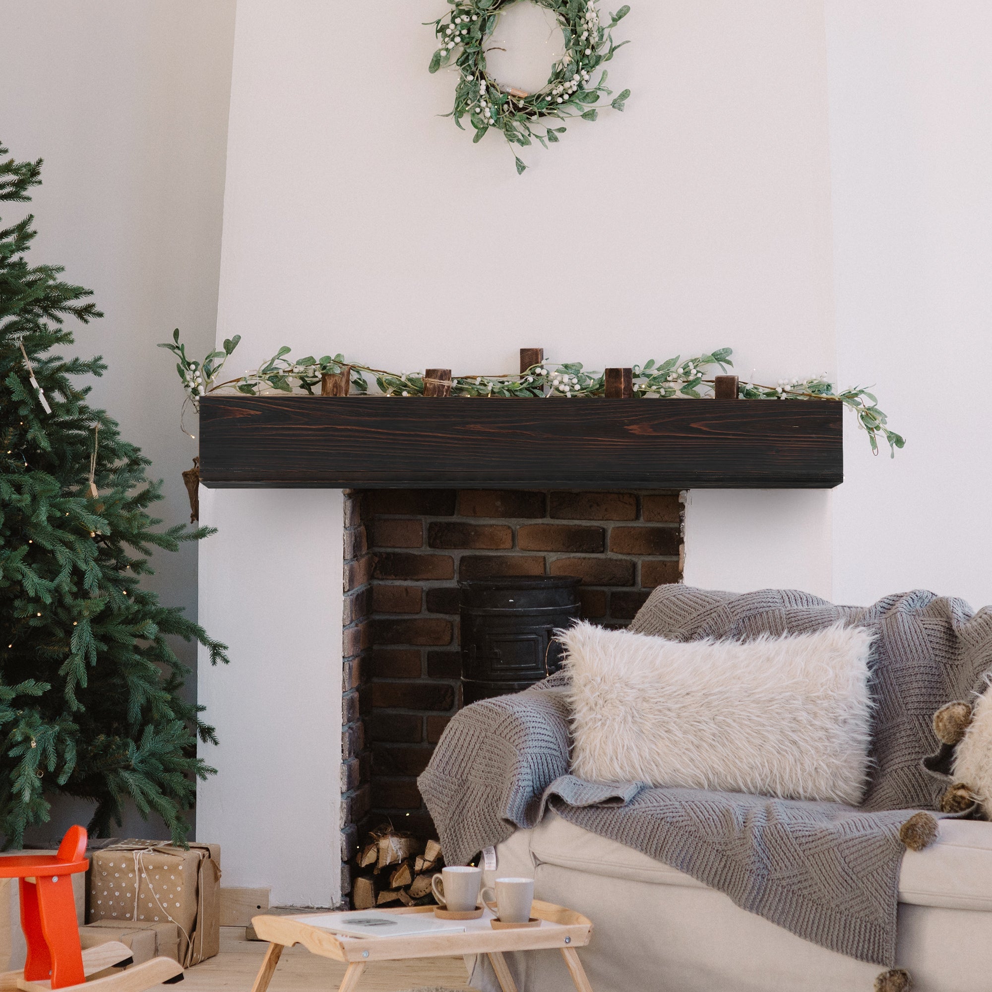 60" Rustic Wood Fireplace Mantel,Wall-Mounted &amp; Floating Shelf for Home Decor Espresso + Solid Wood