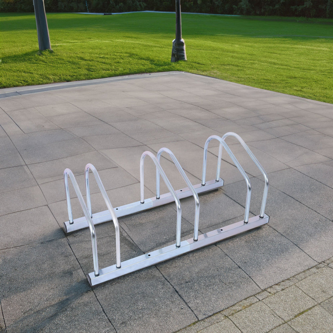3 bicycle parking racks, 22-28 inch wheel supports, maximum tire width 2.15 inches, galvanized