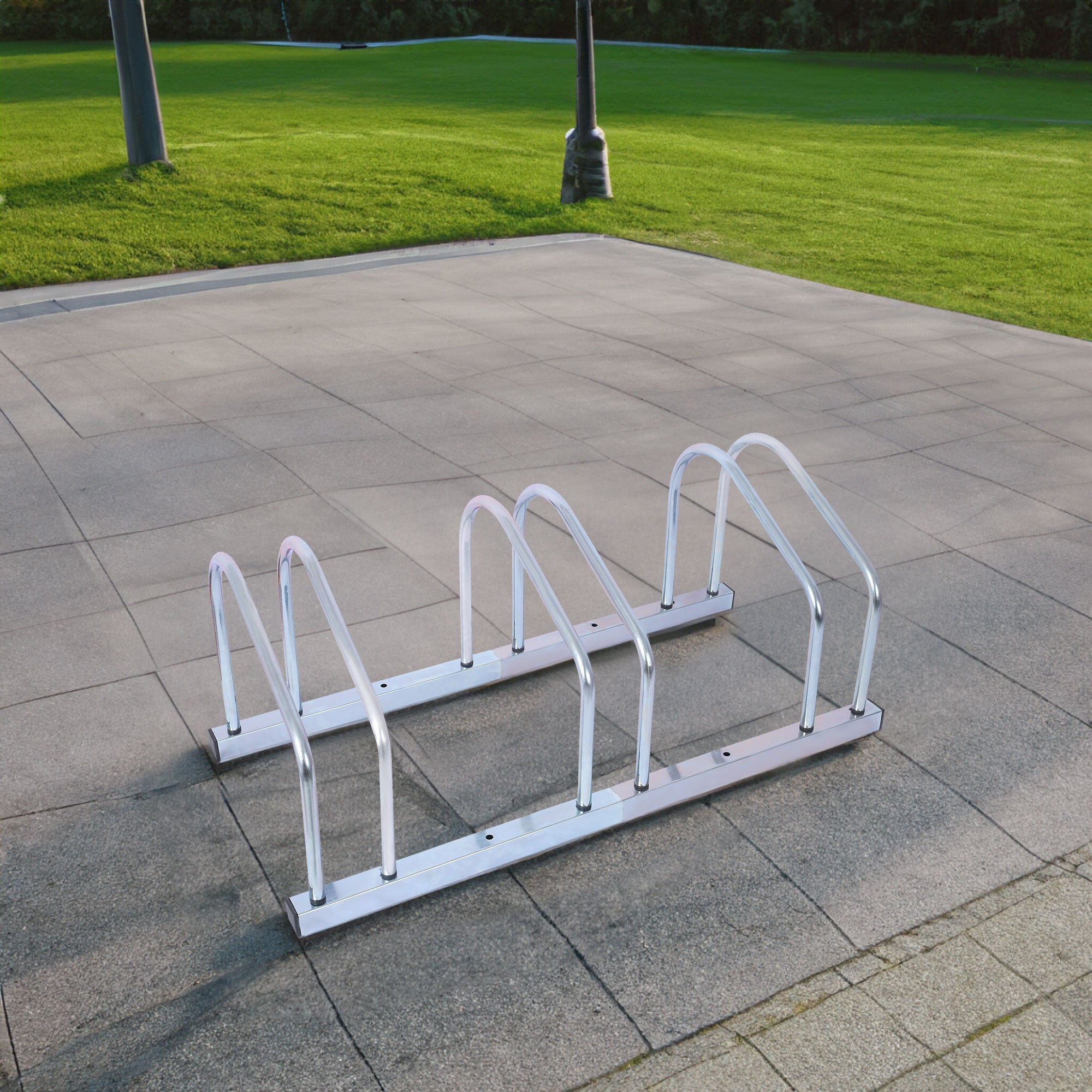 3 bicycle parking racks, 22-28 inch wheel supports, maximum tire width 2.15 inches, galvanized
