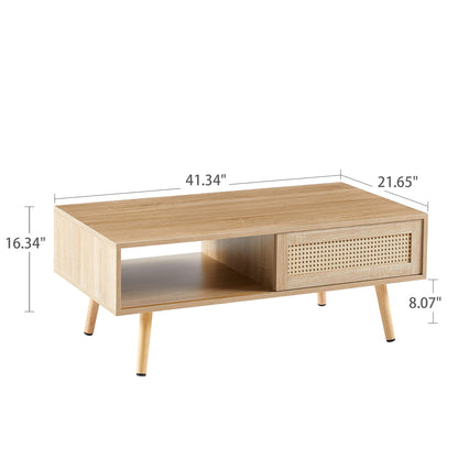 41.34" Rattan Coffee table sliding door for storage solid wood legs Modern table for living room  natural