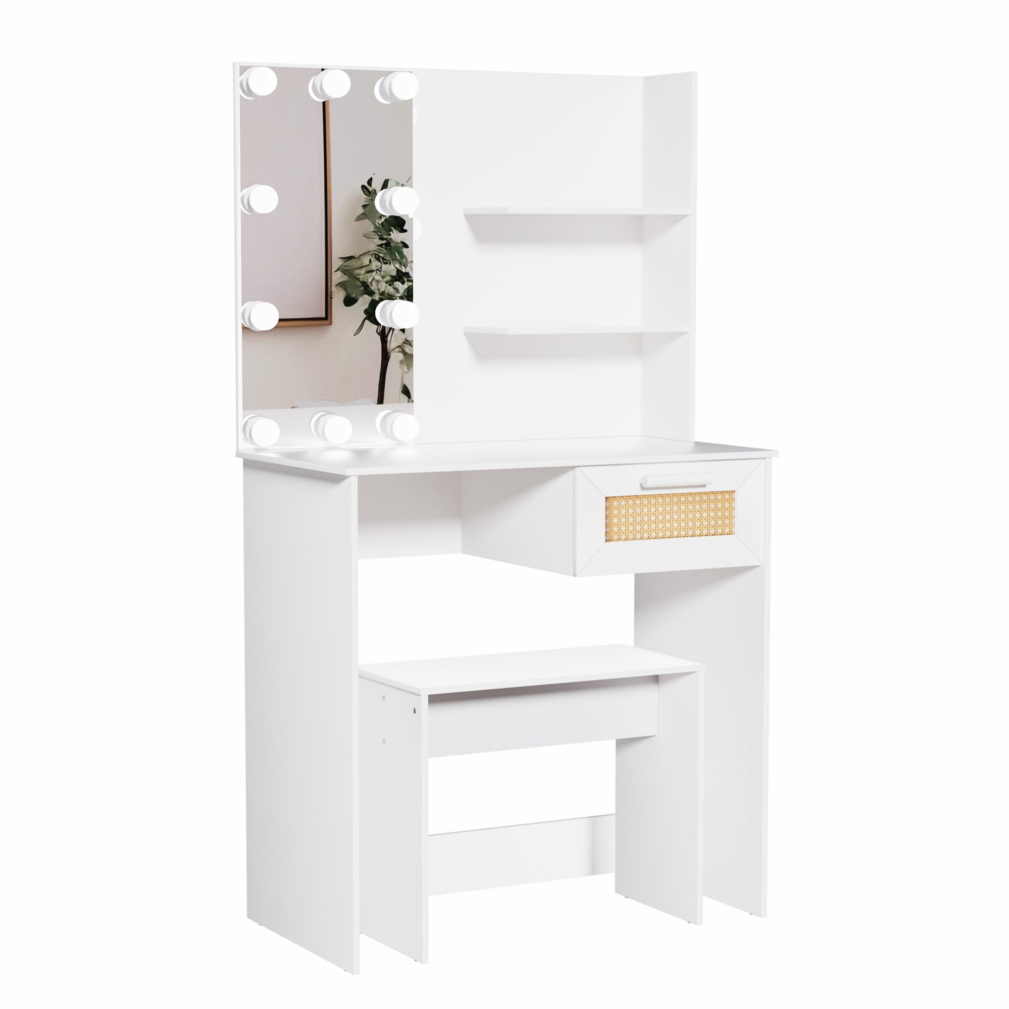 Vanity Desk Set Stool &amp; Dressing Table with LED Lighting Mirror Drawer and Wood Cosmetic Table Chest of Drawers White Color