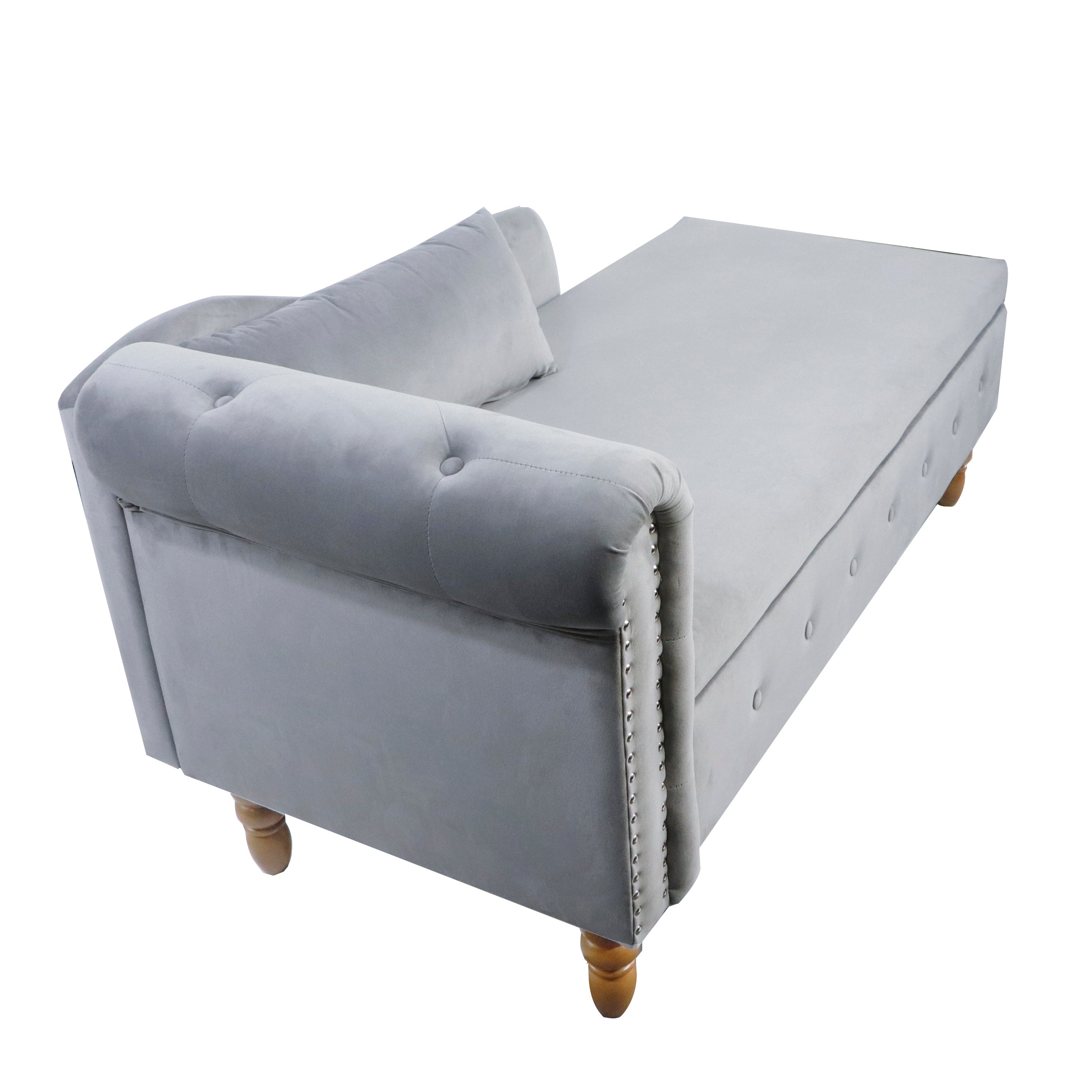 Grey Chaise Lounge Indoor Velvet Lounge Chair for Bedroom with Storage &amp; Pillow Modern Upholstered Rolled Arm Chase Lounge