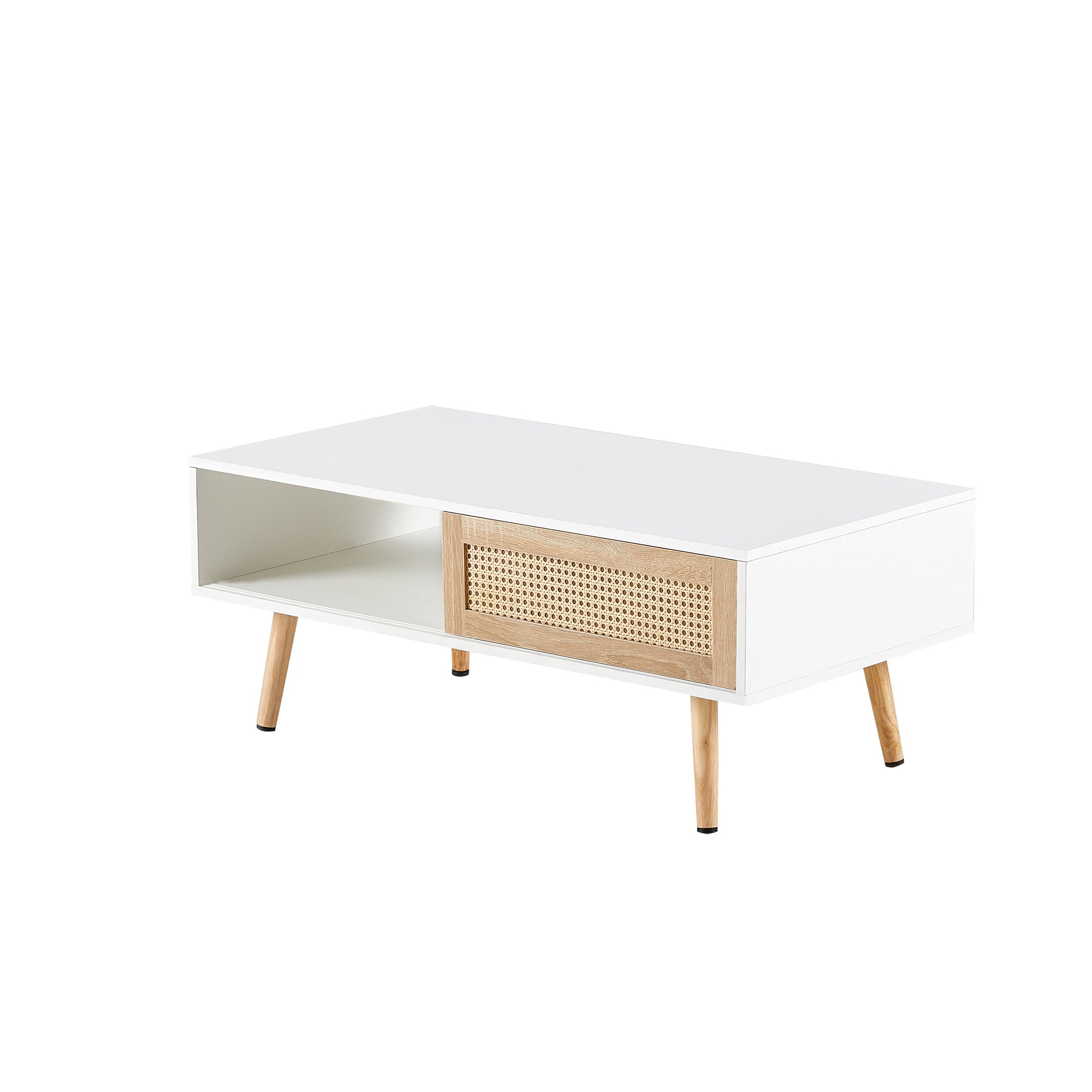 41.34" Rattan Coffee table sliding door for storage solid wood legs White