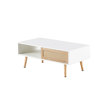41.34" Rattan Coffee table sliding door for storage solid wood legs White