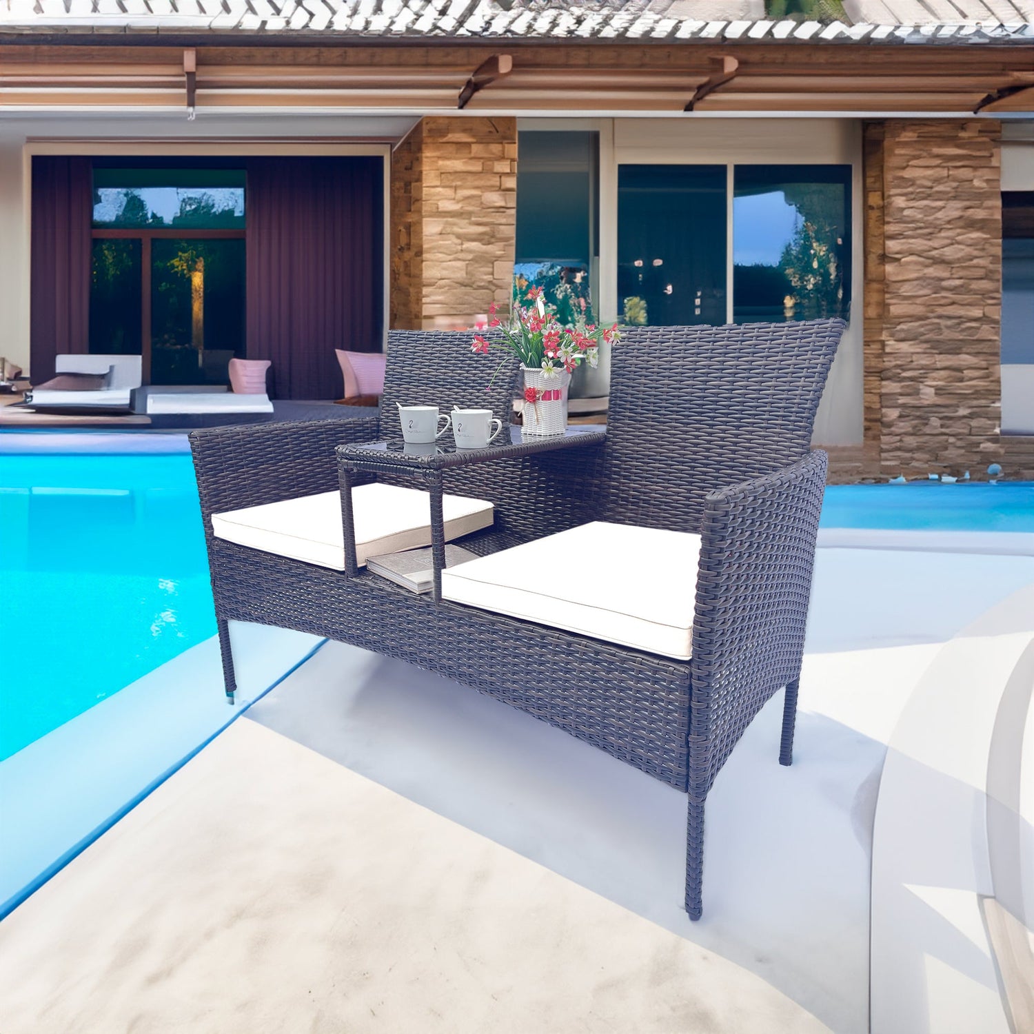 Wicker Patio Conversation Furniture Set Outdoor Furniture Set with Removable Cushions &amp; Table